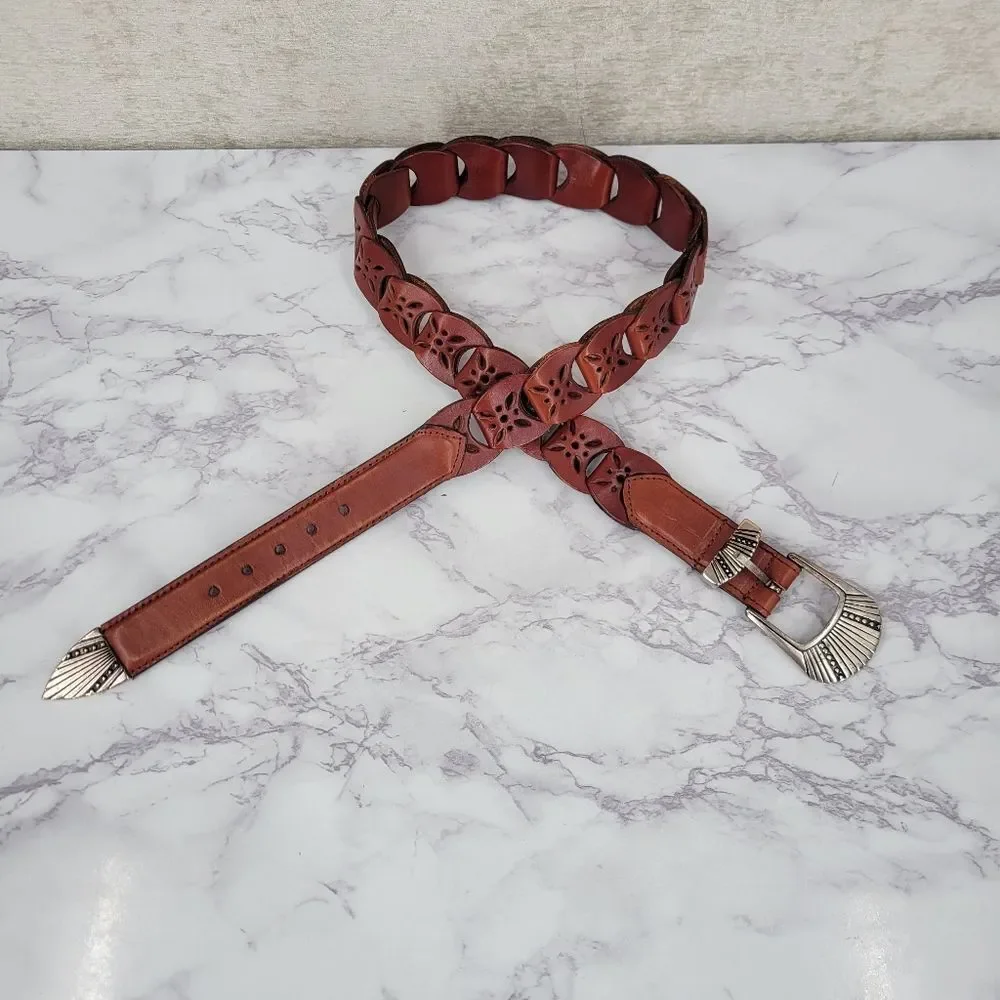 Brown Leather Interlock Tab Belt with Silver Toned Aztec Buckle